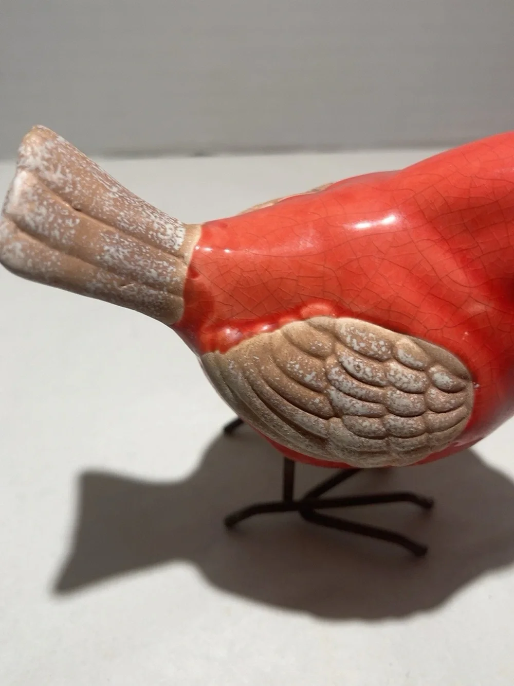 Red Ceramic Cardinal Bird Figurine Crackle Glaze Metal Wire Legs Rustic Decor